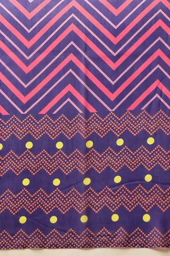 Navy blue printed cotton blend ethnic saree with blouse piece