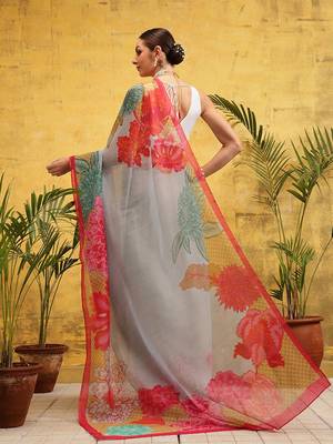 Grey printed cotton blend ethnic saree with blouse piece 3