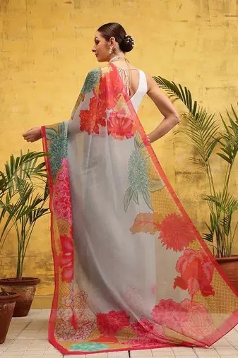 Grey printed cotton blend ethnic saree with blouse piece