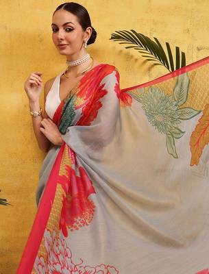 Grey printed cotton blend ethnic saree with blouse piece 4