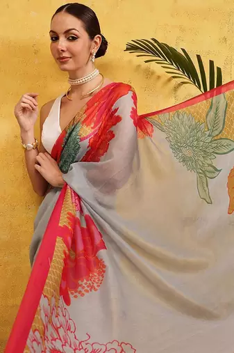 Grey printed cotton blend ethnic saree with blouse piece