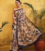 Beige printed silk cotton ethnic saree with blouse piece