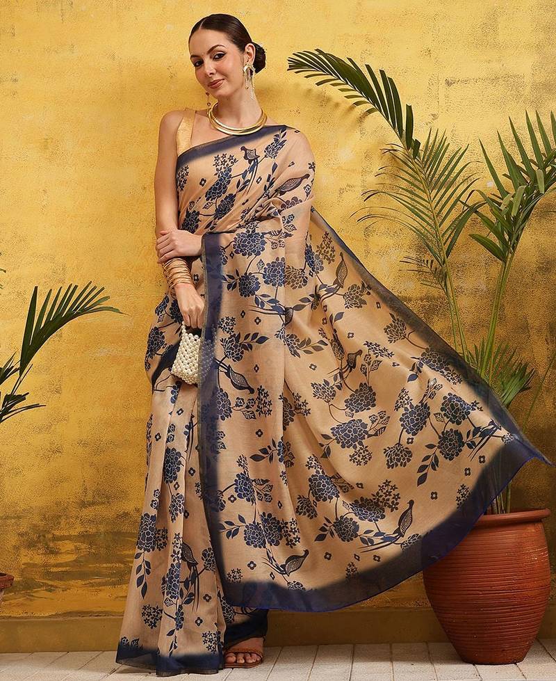 Beige printed silk cotton ethnic saree with blouse piece