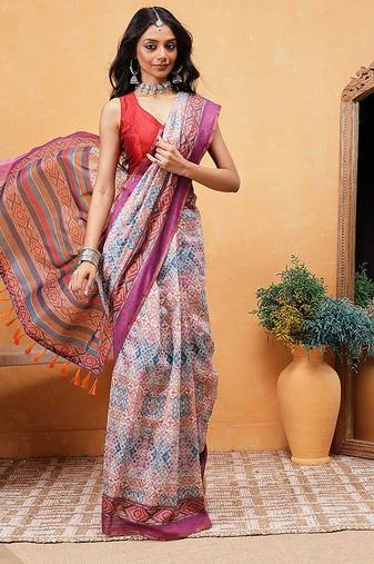 Pink printed cotton blend ethnic saree with blouse piece