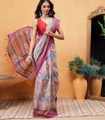 Pink printed cotton blend ethnic saree with blouse piece