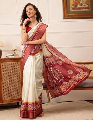 Off white printed silk blend ethnic saree with blouse piece 1