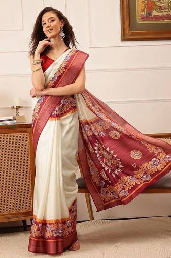 Off white printed silk blend ethnic saree with blouse piece