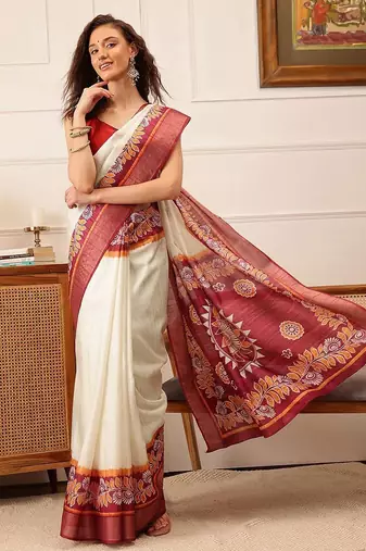 Off white printed silk blend ethnic saree with blouse piece