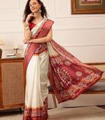 Off white printed silk blend ethnic saree with blouse piece