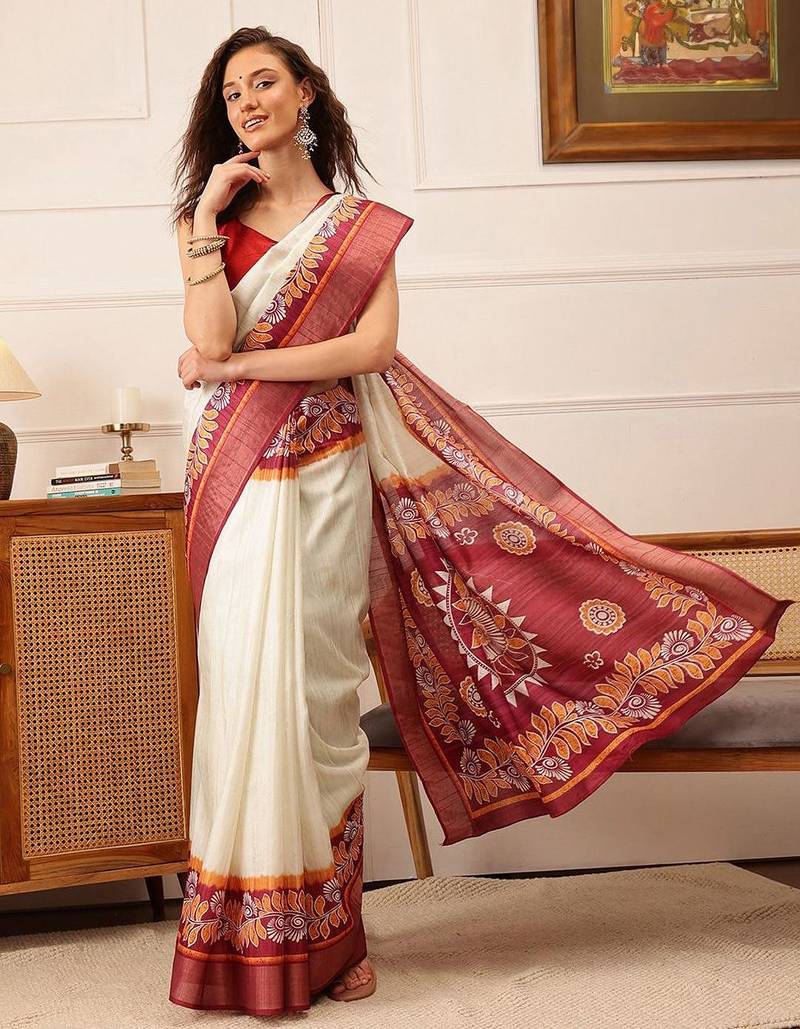 Off white printed silk blend ethnic saree with blouse piece