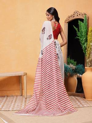 Beige printed cotton blend ethnic saree with blouse piece 3