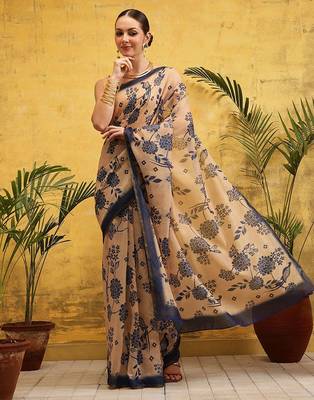 Beige printed silk cotton ethnic saree with blouse piece 2