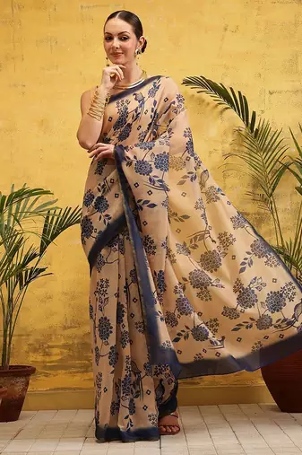 Beige printed silk cotton ethnic saree with blouse piece