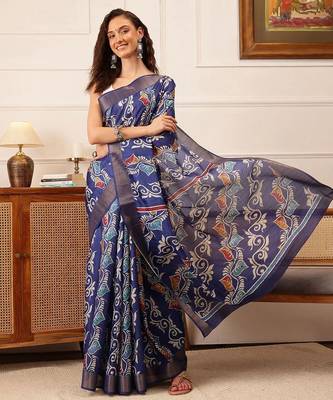 Blue printed silk blend ethnic saree with blouse piece 2