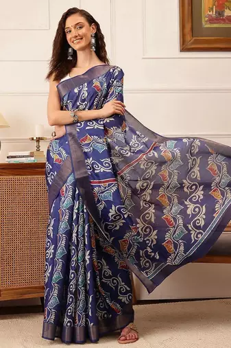 Blue printed silk blend ethnic saree with blouse piece