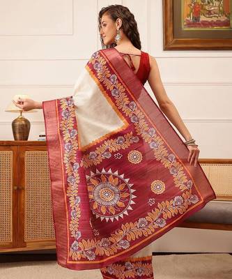 Off white printed silk blend ethnic saree with blouse piece 2