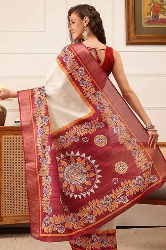 Off white printed silk blend ethnic saree with blouse piece