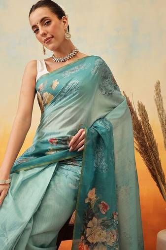 Teal printed organza ethnic saree with blouse piece