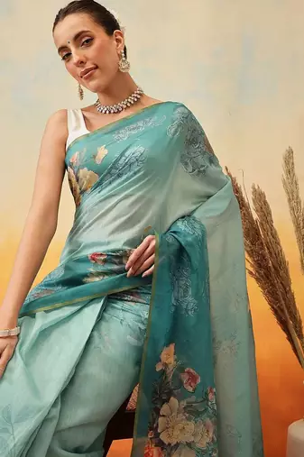 Teal printed organza ethnic saree with blouse piece