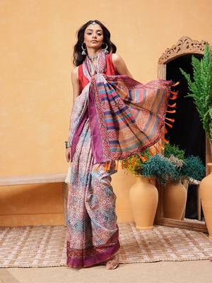 Pink printed cotton blend ethnic saree with blouse piece 2