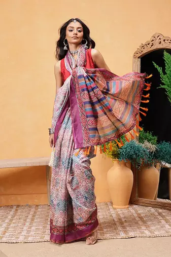 Pink printed cotton blend ethnic saree with blouse piece