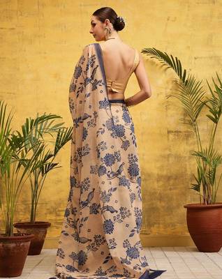 Beige printed silk cotton ethnic saree with blouse piece 3