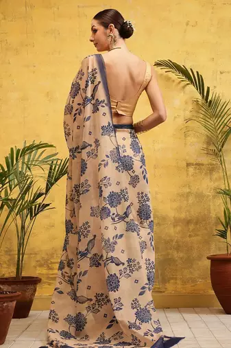 Beige printed silk cotton ethnic saree with blouse piece