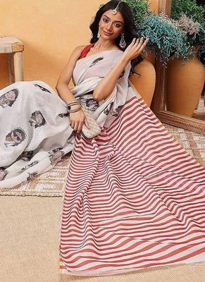 Beige printed cotton blend ethnic saree with blouse piece 4