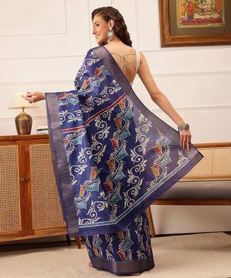 Blue printed silk blend ethnic saree with blouse piece 3