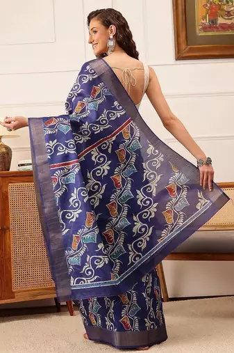 Blue printed silk blend ethnic saree with blouse piece