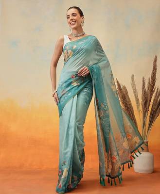 Teal printed organza ethnic saree with blouse piece 2