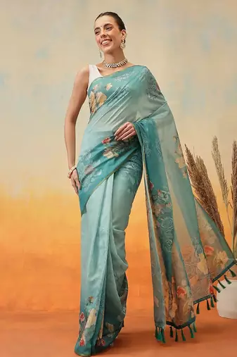 Teal printed organza ethnic saree with blouse piece