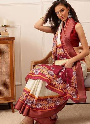 Off white printed silk blend ethnic saree with blouse piece 3
