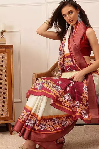 Off white printed silk blend ethnic saree with blouse piece