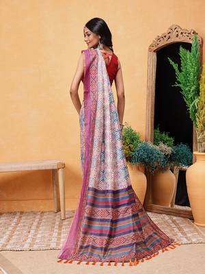 Pink printed cotton blend ethnic saree with blouse piece 3