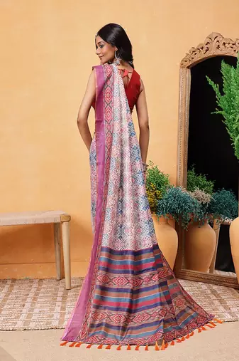 Pink printed cotton blend ethnic saree with blouse piece