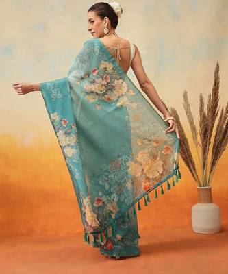 Teal printed organza ethnic saree with blouse piece 3