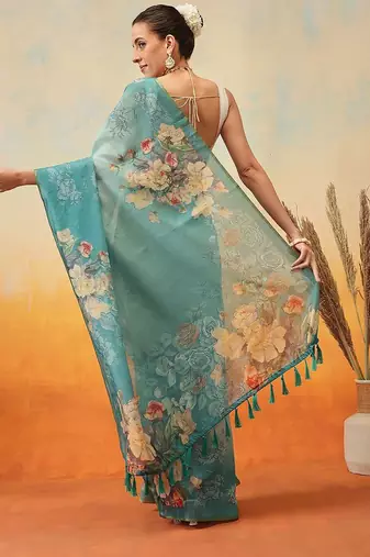 Teal printed organza ethnic saree with blouse piece