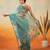 Teal printed organza ethnic saree with blouse piece