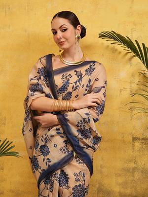 Beige printed silk cotton ethnic saree with blouse piece 4