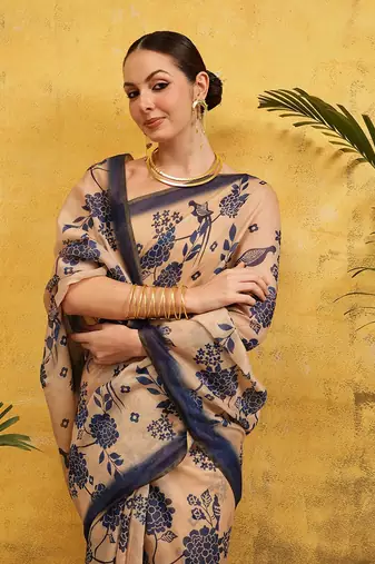 Beige printed silk cotton ethnic saree with blouse piece