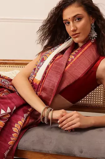 Off white printed silk blend ethnic saree with blouse piece