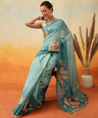 Teal printed organza ethnic saree with blouse piece 4