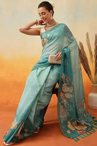 Teal printed organza ethnic saree with blouse piece