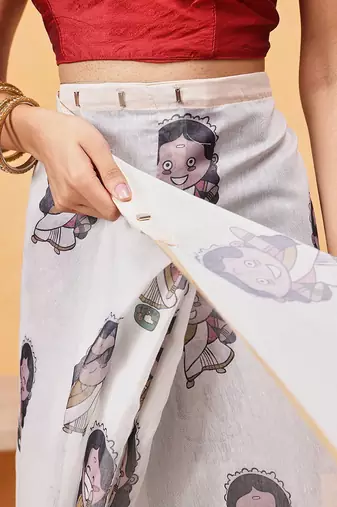 Beige printed cotton blend ethnic saree with blouse piece