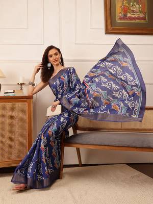 Blue printed silk blend ethnic saree with blouse piece 4