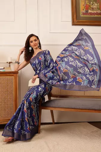 Blue printed silk blend ethnic saree with blouse piece