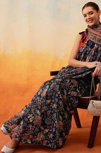 Navy blue printed cotton blend ethnic saree with blouse piece
