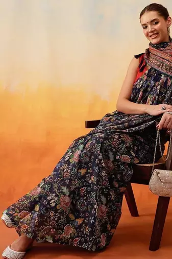 Navy blue printed cotton blend ethnic saree with blouse piece