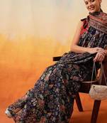 Navy blue printed cotton blend ethnic saree with blouse piece